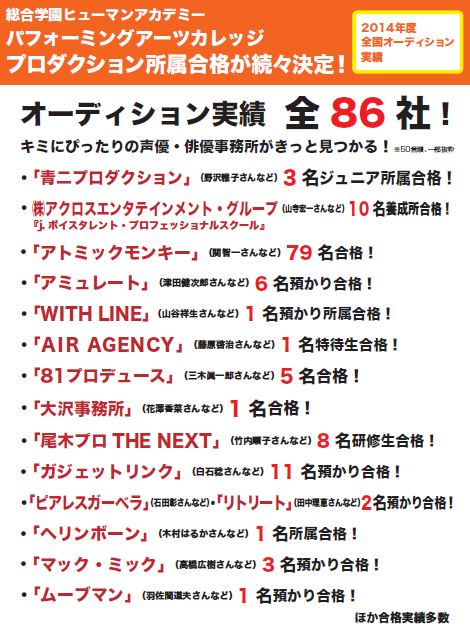 オーディション実績 全86社 プロダクション所属合格が続々決定 14年実績 広島第二校 通信制高校のヒューマンキャンパス高校